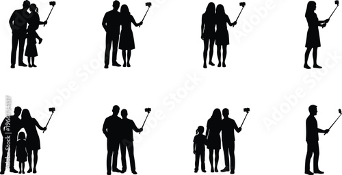 People taking selfies silhouettes, family and couples photography, social media lifestyle, smartphone selfie stick, modern communication