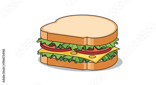 A cartoon sandwich with cheese, lettuce, and tomato on toasted bread slices.