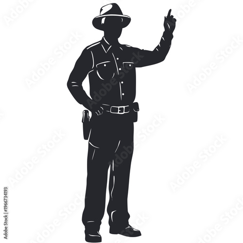Professional law enforcement officer silhouette pointing finger up with confident gesture