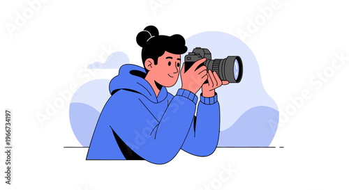 A photographer takes a picture with a camera outdoors in a casual setting.