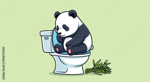 A panda bear sits on a toilet with a plant beside it looking stressed.