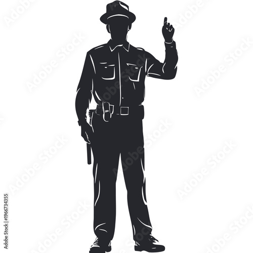 Professional law enforcement officer silhouette pointing finger up holding baton