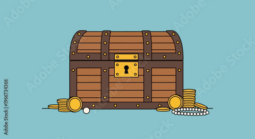 Illustration of a treasure chest filled with gold coins and jewels on a blue background