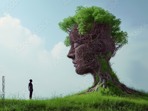 A surreal landscape featuring a tree with human-like features standing on grassy terrain under a clear sky.