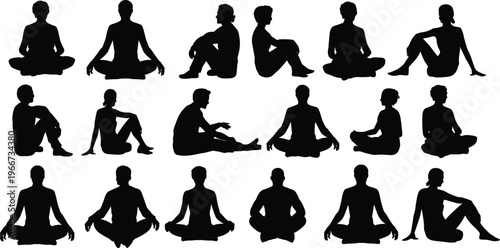 Yoga meditation silhouettes collection people sitting lotus poses mindfulness relaxation wellness fitness isolated set