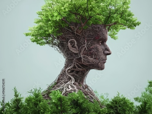 A surrealistic portrait of a human head intertwined with tree branches and foliage, symbolizing the connection between nature and humanity.