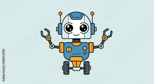 A cartoon robot with headphones and robotic arms standing on wheels smiles.