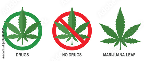 No drugs marijuana leaf sign leaves plant. Marijuana leaf icon green leaf. No smoking Forbidden weed, drugs marijuana leaf. Red circular prohibition symbol. Vector illustration.