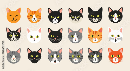 Collection of cute cartoon cat faces.