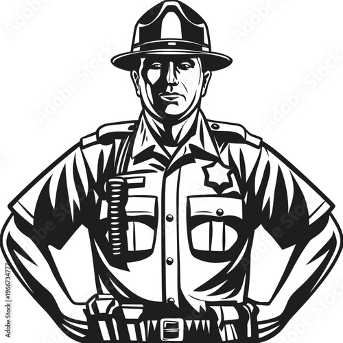 Confident Police Officer Standing with Hands on Hips in Uniform Black and White Vector Illustration