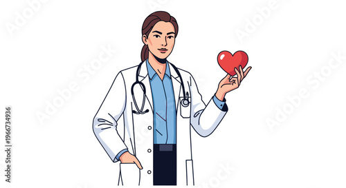 Female doctor, medical professional, healthcare worker, holding heart, cartoon style vector illustration
