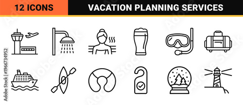 Minimalist Monoline Travel and Hospitality Icon Set Featuring Geometric Line Art for Vacation Planning, Tourism, and Hotel Services.