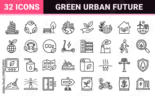 Sustainable Green City Infrastructure and Renewable Energy Minimalist Monoline Icon Set for Eco-friendly Urban Planning and Smart Tech.