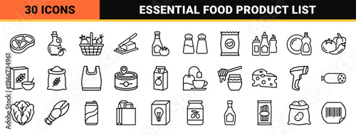 Grocery Essentials and Supermarket Retail Thin Line Icons Featuring Food Products, Shopping Tools, and Household Supplies in Minimalist Style.