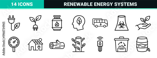 Green Energy and Sustainable Eco Technology Minimalist Monoline Geometric Line Art Icons for Renewable Power and Environmental Conservation.