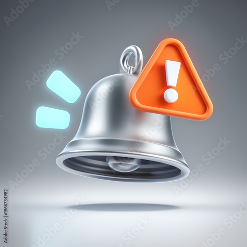 A metallic bell with a glowing orange warning sign and light blue motion lines indicating alertness or notification.