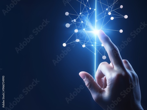 A hand pressing a glowing button on an abstract network of connected dots and lines.