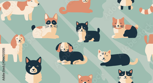 Cute cartoon dogs and cats playing.