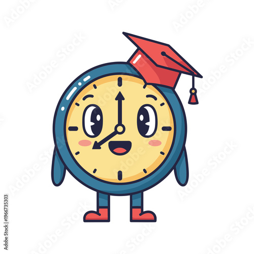 Cartoon clock wearing graduation cap.