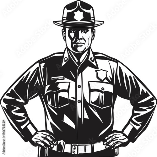 Professional Male Police Officer with Hands on Hips Wearing Traditional Uniform and Hat Representing Authority and Protection