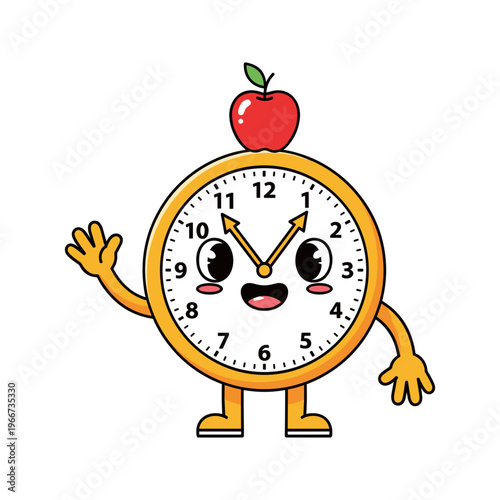 Cartoon clock character with apple.