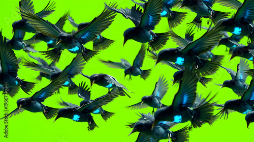 Flock of Small Mutated Birds in Flight