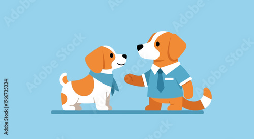 Friendly dog and cartoon dog friends.