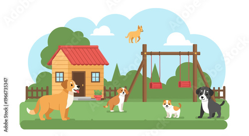 Dogs Playing Outside in Yard Together.