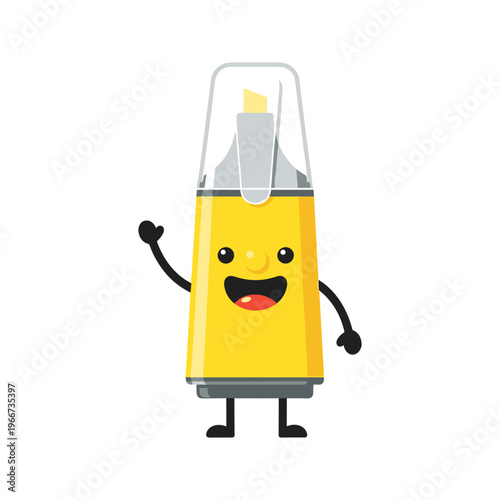 Cartoon pencil sharpener with smiling face.