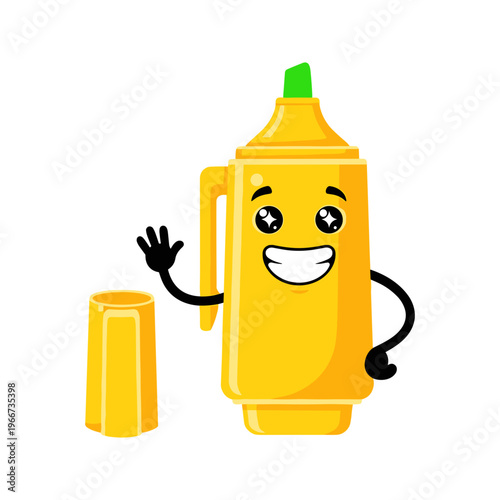 Cartoon mustard bottle character smiling.