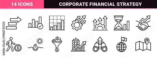 Minimalist Business Growth and Financial Analytics Icon Set Featuring Geometric Line Art for Corporate Performance and Strategy Tracking