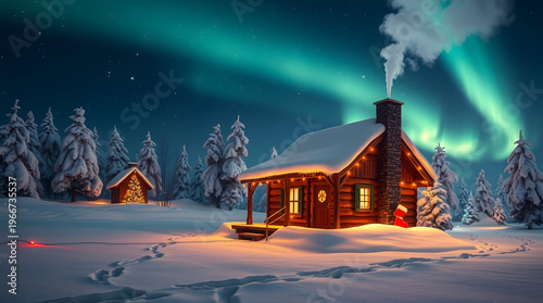 A Magical Winter Landscape with a Small Wooden Cabin