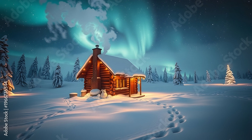 A Magical Winter Landscape with a Small Wooden Cabin