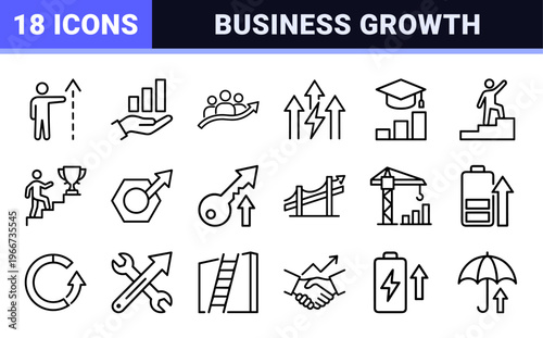 Minimalist Business Growth and Performance Tracking Icons, Geometric Monoline Career Development and Corporate Scalability Symbols.