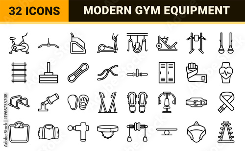 Minimalist Fitness and Gym Equipment Monoline Line Art. Geometric Vector Outlines for Professional Workout and Bodybuilding Infrastructure.