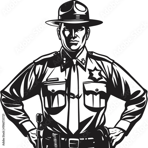 Determined Law Enforcement Officer in Official Uniform and Hat Standing with Authority Portraying Public Service Dedication