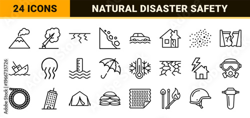 Natural Disaster and Extreme Weather Emergency Line Icons featuring Earthquake, Flood, Wildfire, and Hurricane Minimalist Monoline Geometry