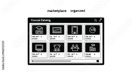 Online course catalog interface mockup with various educational icons.