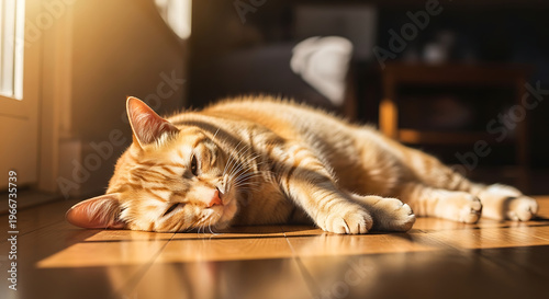 A serene orange tabby cat lies peacefully on a wooden floor in a sunlit room