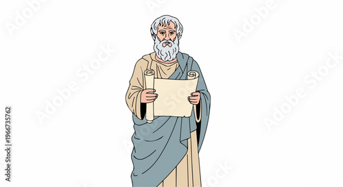 Illustration of an elderly man with a white beard wearing a toga holding a scroll and a book standing against a plain white background with a neutral mood.