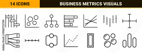 Data Visualization and Business Analytics Monoline Icons, Minimalist Geometric Line Art for Financial Reporting and Statistics