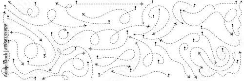 Aircraft tracking, plane path, and location pins. Vector illustration and dotted flight tracks showing routes, scalable vector graphic for airline marketing, tourism maps.