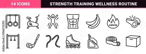 Minimalist monoline fitness and bodybuilding line art featuring geometric gym equipment, wellness activities, and workout progress tracking.