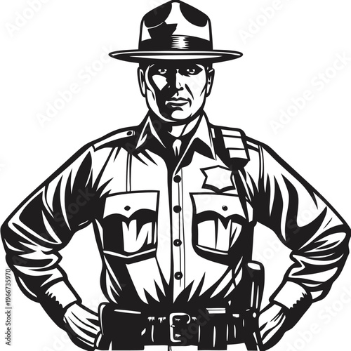 Vigilant Professional Police Officer Illustration in Uniform with Hands on Hips