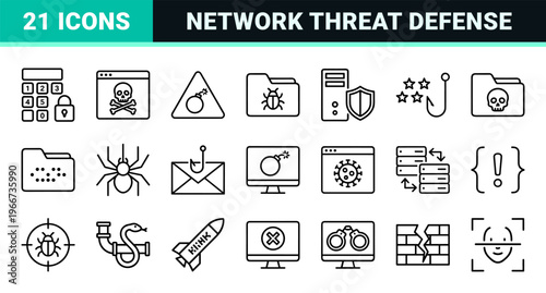 Cyber Security and Hacking Prevention Minimalist Monoline Icon Set featuring Geometric Line Art for Network Defense and Data Privacy.