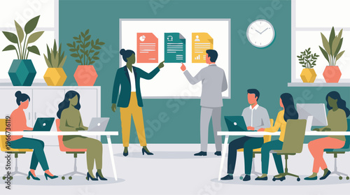 Diverse business team collaborating in a modern office with presentation