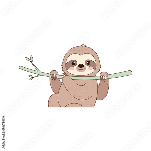 Cute Sloth Hanging on Branch Tree.
