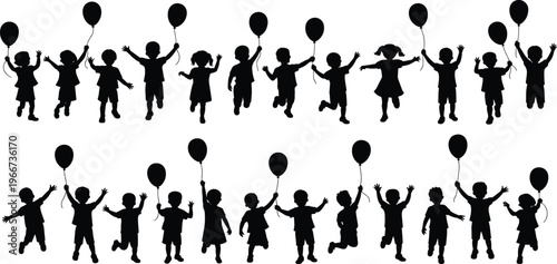 Silhouette of happy children holding balloons jumping and playing together celebration joy childhood party fun isolated on white background illustration