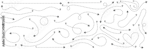 set of Route location icon, two-pin sign and dotted line. map path distance icon, pinpoint, map search, route, Route icon, two points with dotted path and location pin. 