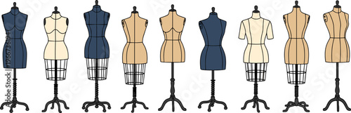 fashion, mannequin, dressform, tailor, sewing, studio, clothing, display, vintage, modern, boutique, garment, design, female, body, model, isolated, collection, equipment, textile